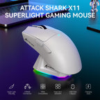 ماوس ألعاب لاسلكي خفيف الوزن ATTACK SHARK X11 مع قاعدة شحن RGB، ثلاثي الأوضاع - 2.4G/USB-C سلكي/بلوتوث، 22 ألف نقطة في البوصة، مستشعر بصري PAW3311، مفتاح HUYU، 5 أزرار قابلة للبرمجة للكمبيوتر الشخصي/Mac (أبيض وملصق)