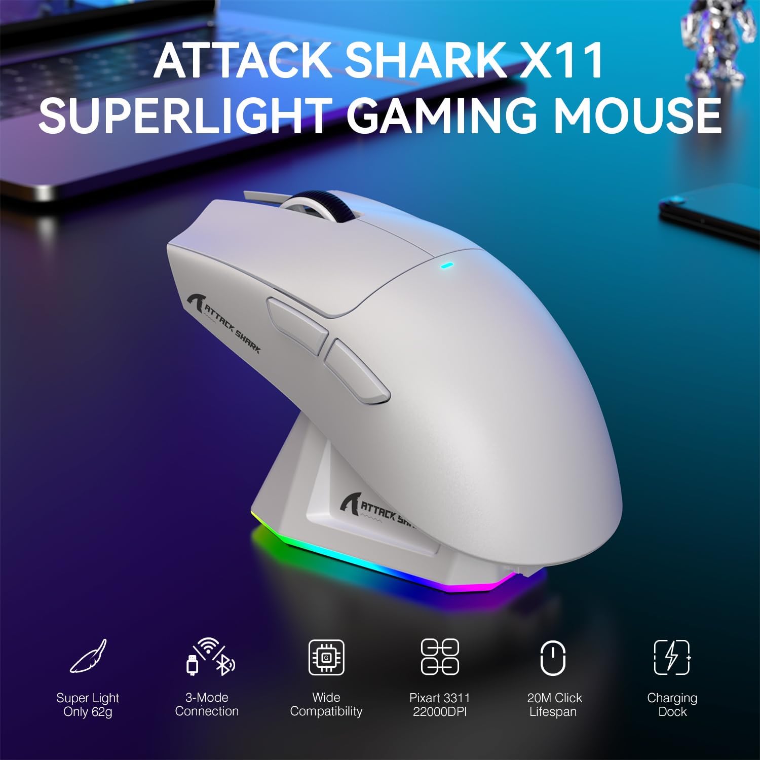 ماوس ألعاب لاسلكي خفيف الوزن ATTACK SHARK X11 مع قاعدة شحن RGB، ثلاثي الأوضاع - 2.4G/USB-C سلكي/بلوتوث، 22 ألف نقطة في البوصة، مستشعر بصري PAW3311، مفتاح HUYU، 5 أزرار قابلة للبرمجة للكمبيوتر الشخصي/Mac (أبيض وملصق)
