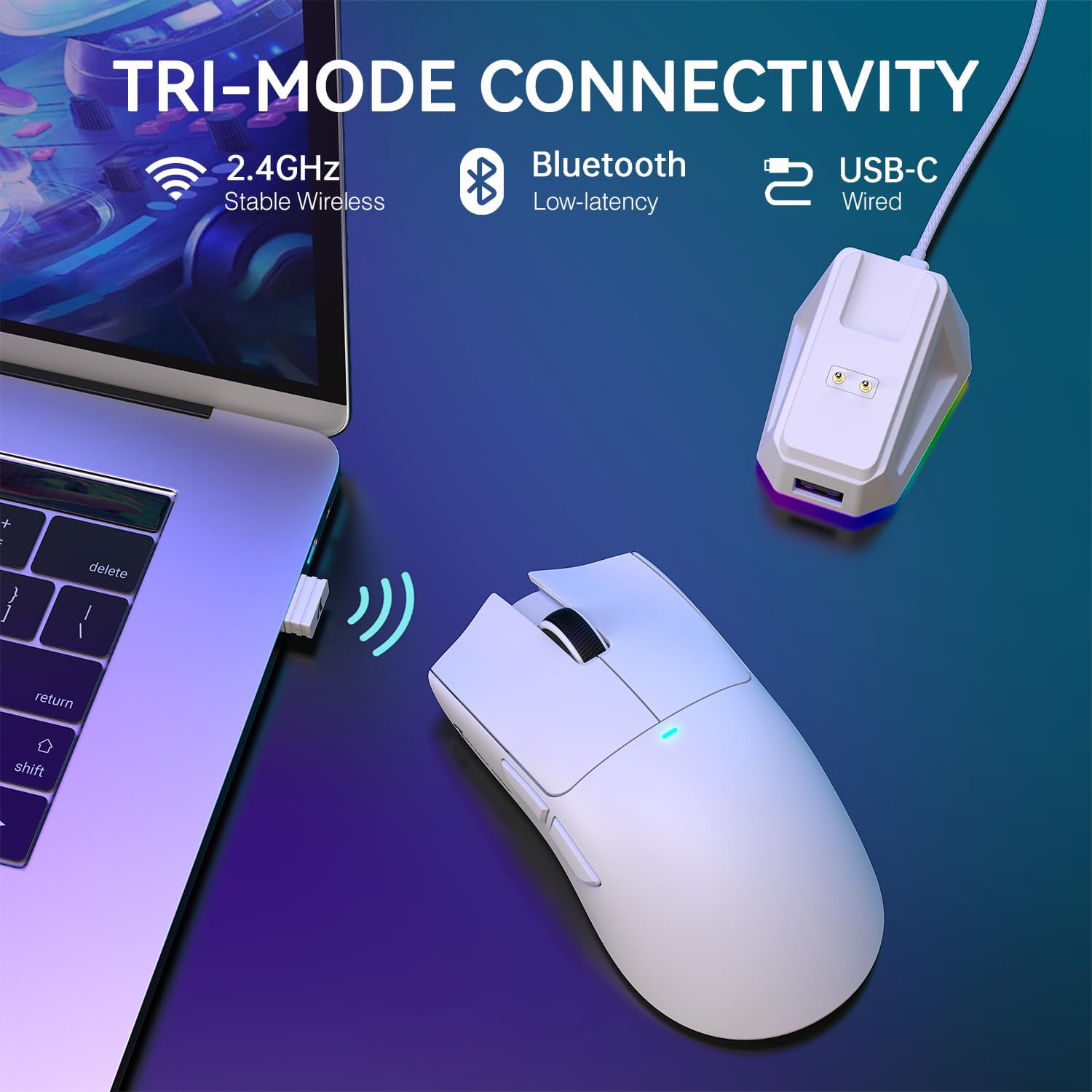 ماوس ألعاب لاسلكي خفيف الوزن ATTACK SHARK X11 مع قاعدة شحن RGB، ثلاثي الأوضاع - 2.4G/USB-C سلكي/بلوتوث، 22 ألف نقطة في البوصة، مستشعر بصري PAW3311، مفتاح HUYU، 5 أزرار قابلة للبرمجة للكمبيوتر الشخصي/Mac (أبيض وملصق)