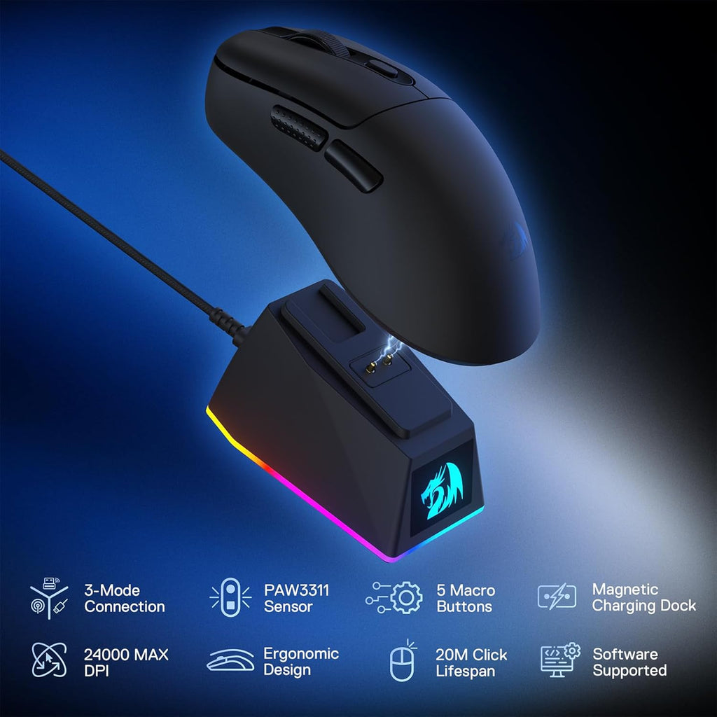 ماوس الألعاب اللاسلكي الخفيف الوزن Redragon M998 مع قاعدة شحن RGB مغناطيسية