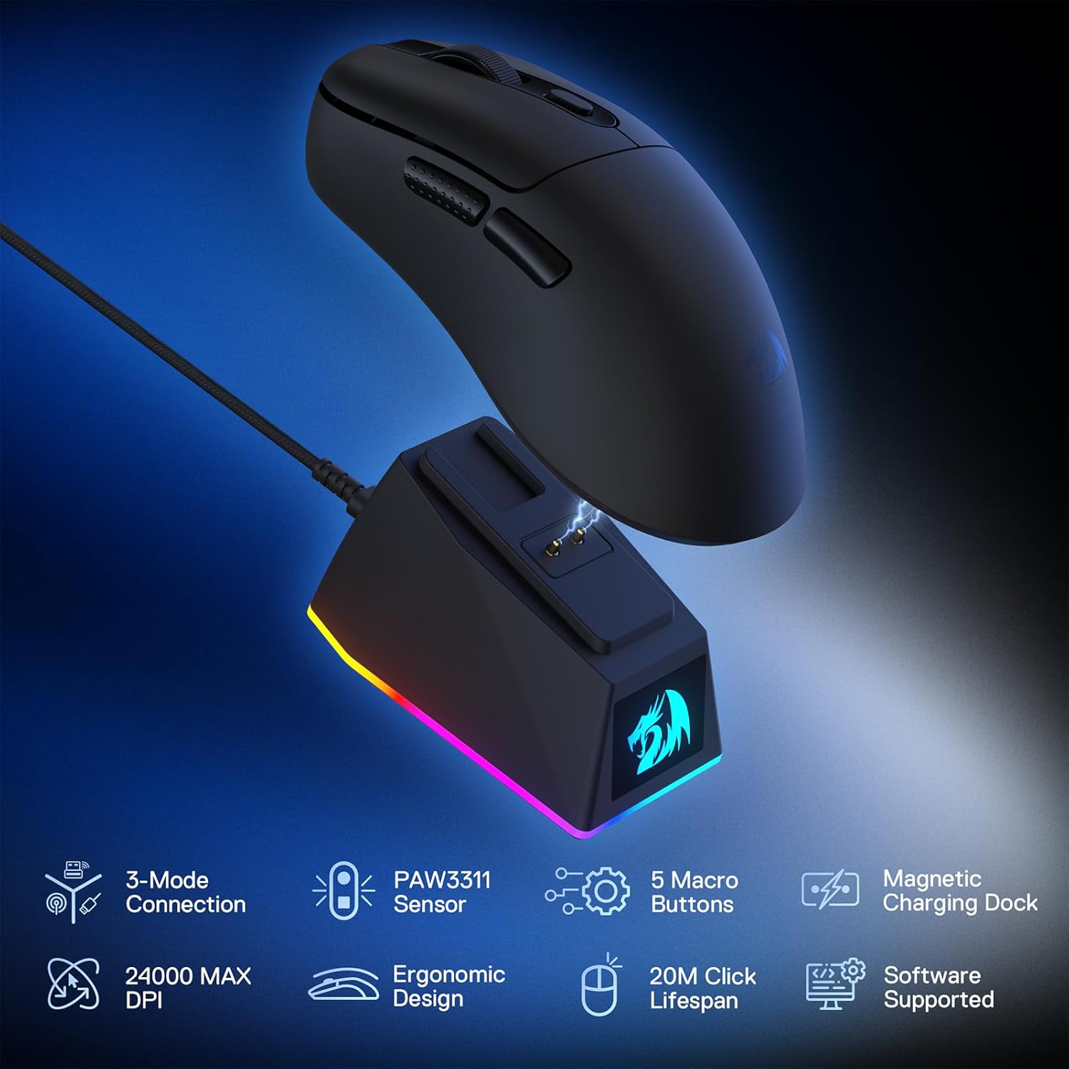 ماوس الألعاب اللاسلكي الخفيف الوزن Redragon M998 مع قاعدة شحن RGB مغناطيسية