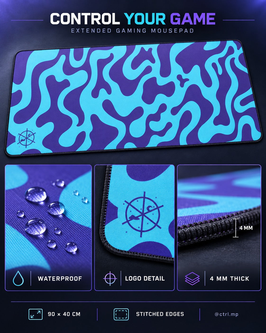 CTRL Mouse Pad 90 × 40 cm Waterproof 4 mm Rubber Base with Stitched Edges Health Noise