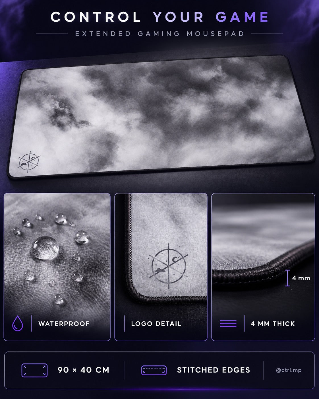 CTRL Mouse Pad 90 × 40 cm Waterproof 4 mm Rubber Base with Stitched Edges Stormy