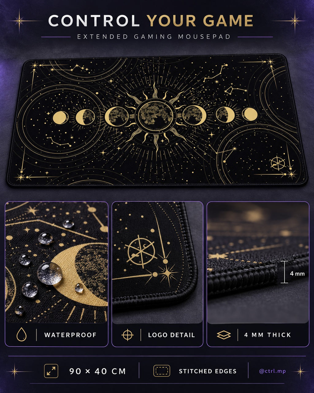 CTRL Mouse Pad 90 × 40 cm Waterproof 4 mm Rubber Base with Stitched Edges Space Trip