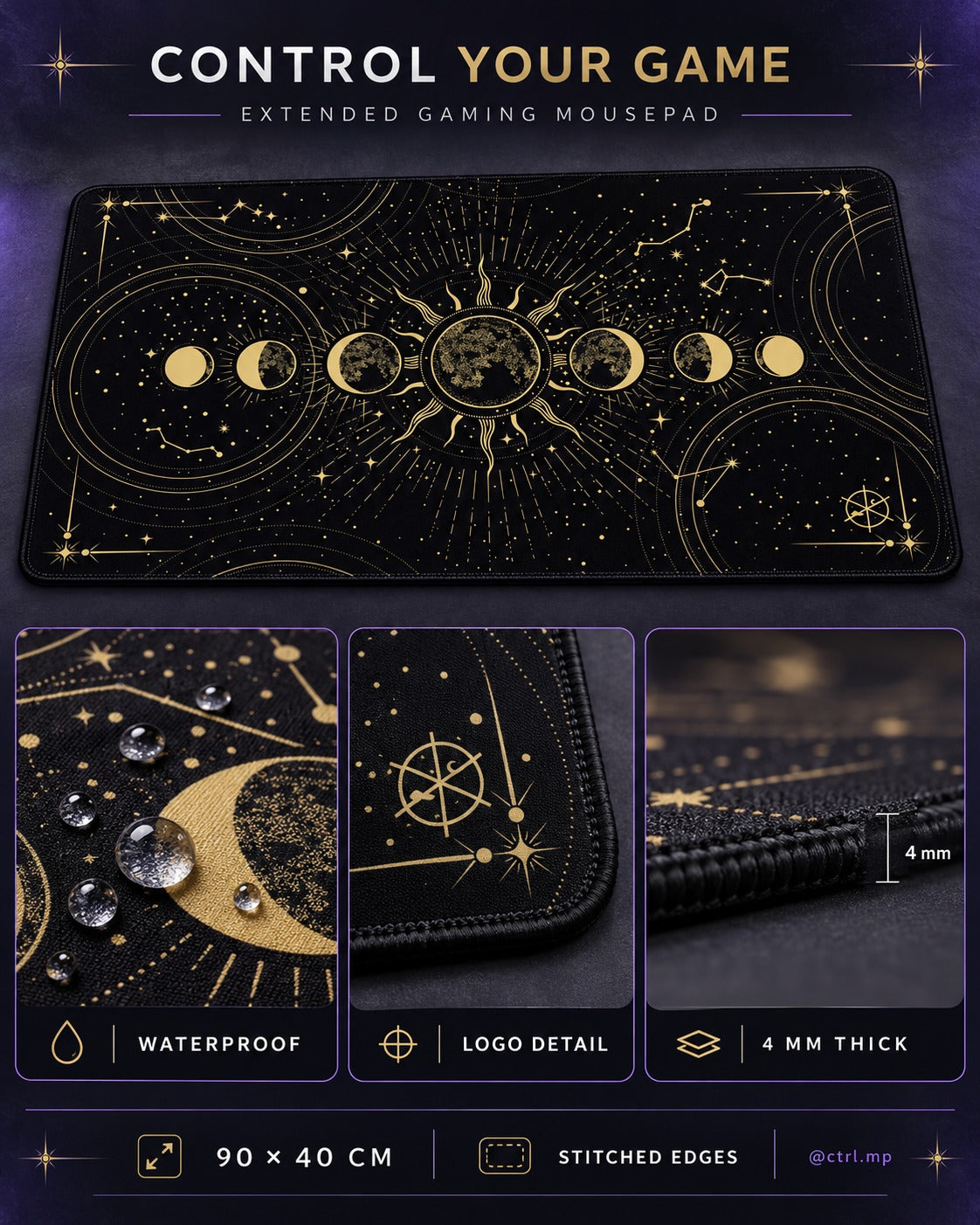 CTRL Mouse Pad 90 × 40 cm Waterproof 4 mm Rubber Base with Stitched Edges Space Trip