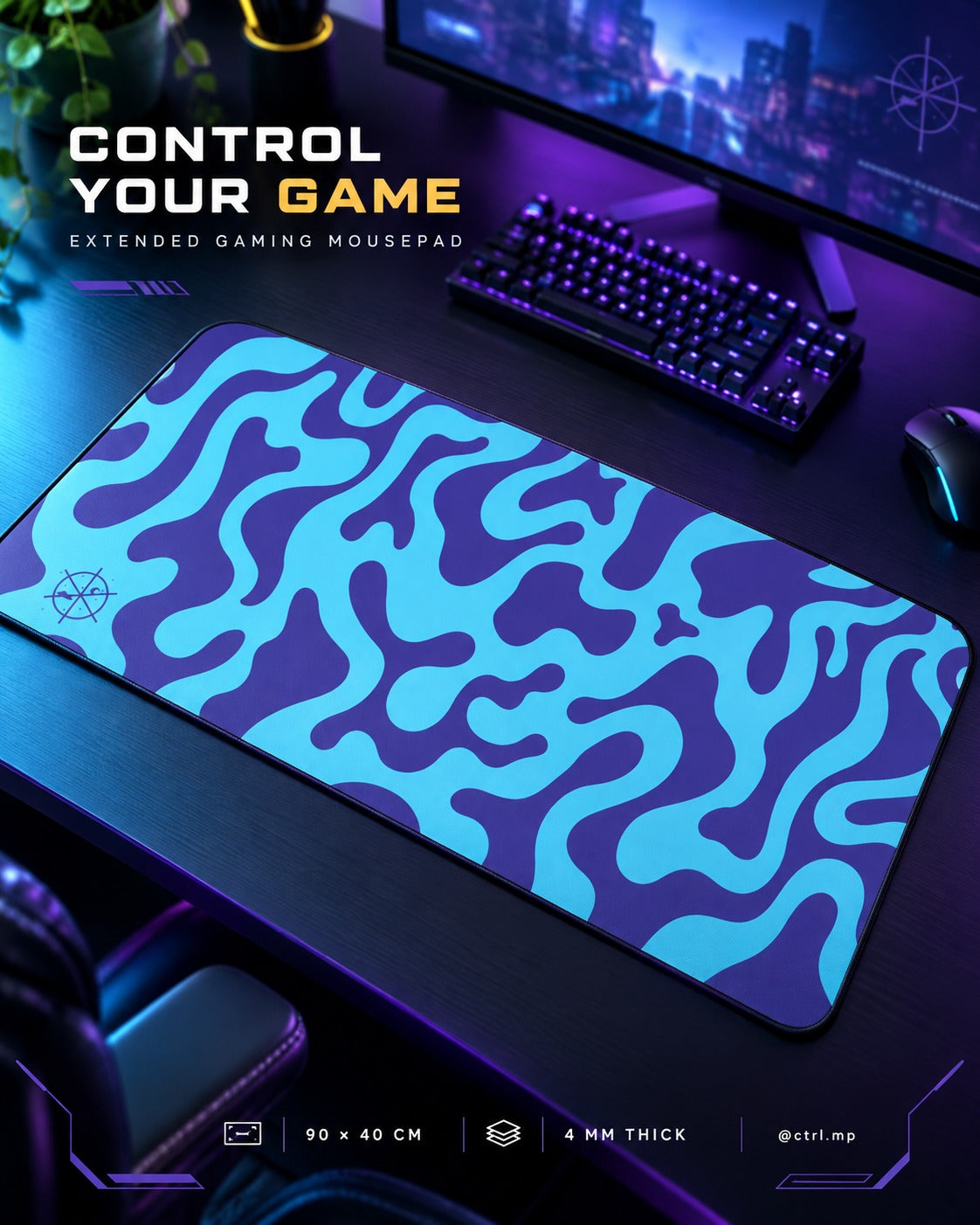 CTRL Mouse Pad 90 × 40 cm Waterproof 4 mm Rubber Base with Stitched Edges Health Noise