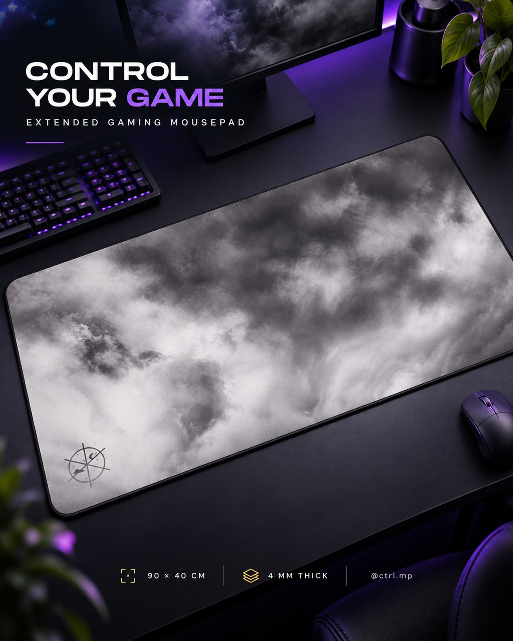 CTRL Mouse Pad 90 × 40 cm Waterproof 4 mm Rubber Base with Stitched Edges Stormy