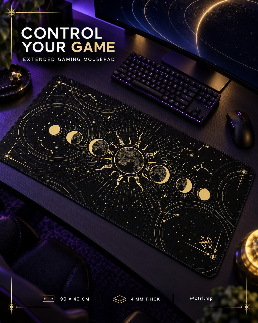 CTRL Mouse Pad 90 × 40 cm Waterproof 4 mm Rubber Base with Stitched Edges Space Trip